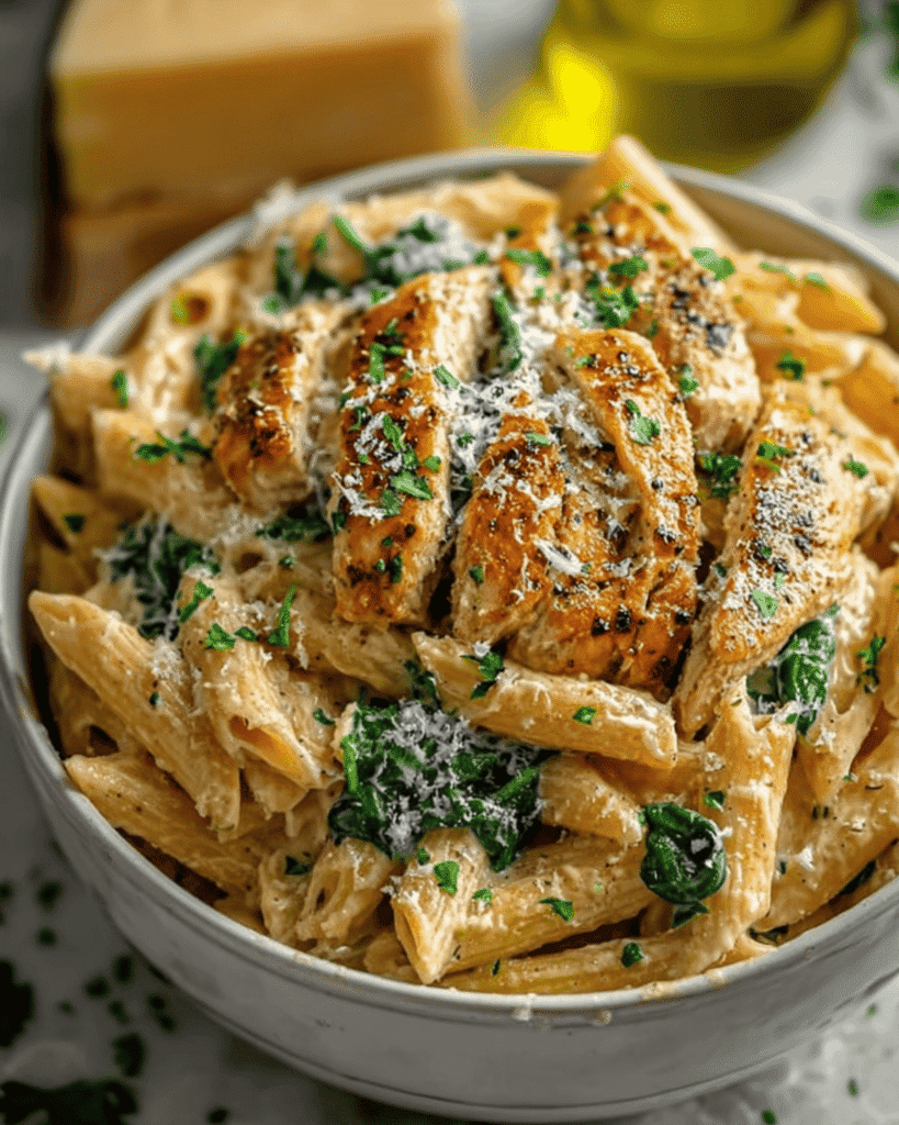 Creamy garlic parmesan chicken pasta with penne, grilled chicken slices, fresh spinach, and parmesan garnish in a white bowl