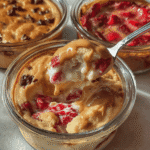 Close-up of a baked strawberry protein pancake bowl with nut butter, spoon lifting a creamy bite.