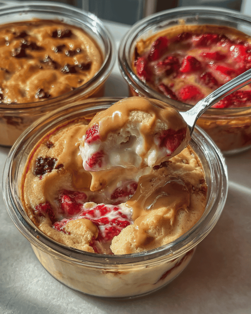 Close-up of a baked strawberry protein pancake bowl with nut butter, spoon lifting a creamy bite.