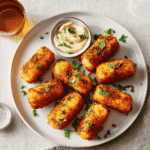 Plate of crispy potato croquettes garnished with parsley and dipping sauce
