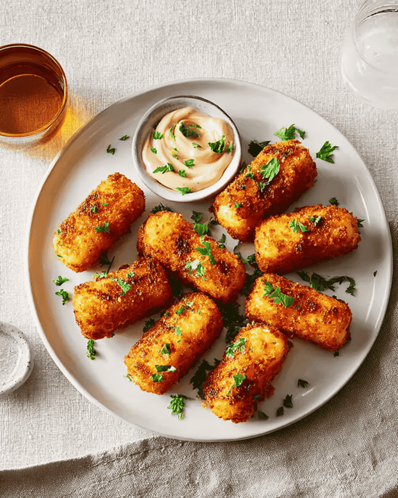 Plate of crispy potato croquettes garnished with parsley and dipping sauce
