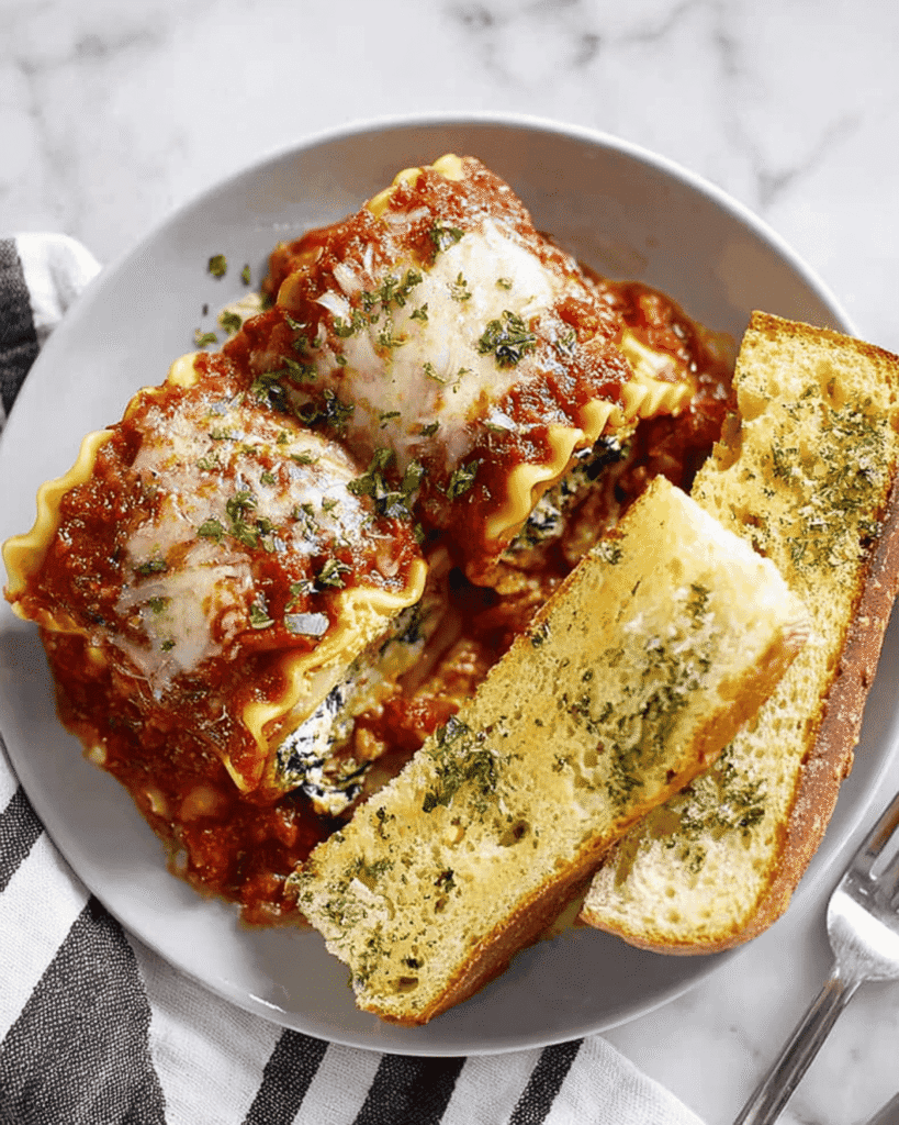 Plate of lasagna roll ups with marinara sauce and garlic bread on marble table