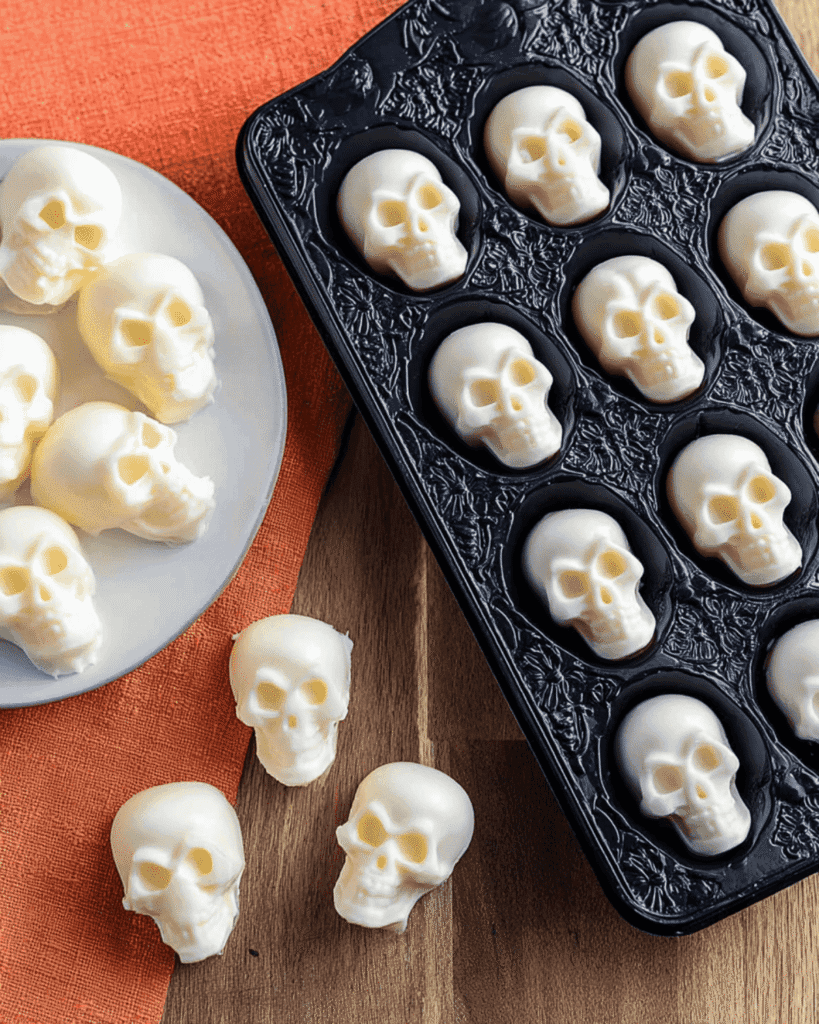 Mozzarella Cheese Skulls in a black silicone mold with extra skulls served on a plate for Halloween snacks