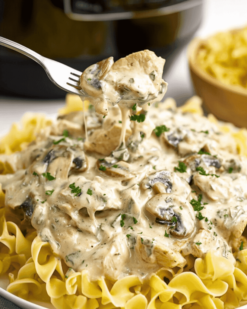 Easy Chicken Stroganoff with mushrooms and creamy sauce served over egg noodles, fork lifting tender chicken pieces.