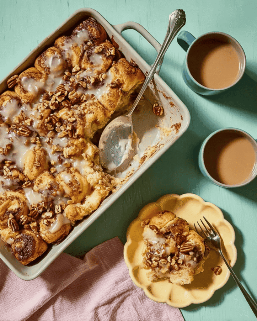 Cinnamon Roll Casserole with a serving spoon and a plated slice topped with icing and pecans, next to two cups of coffee.