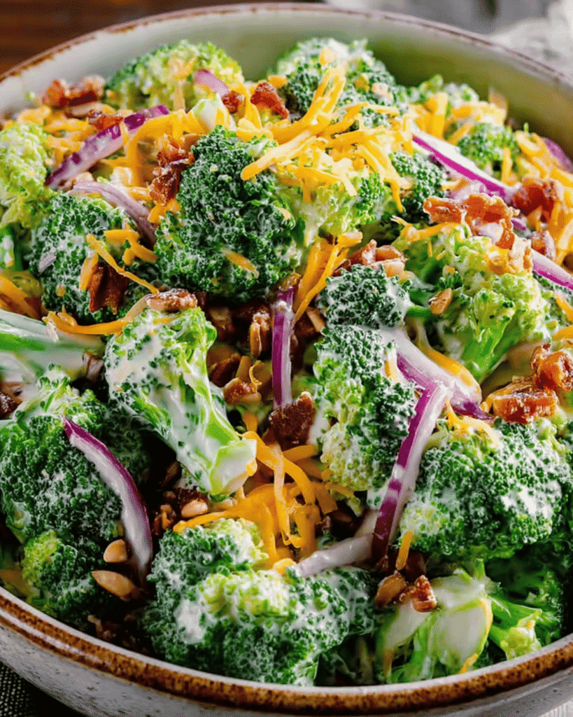 Creamy broccoli salad with shredded cheddar, red onion, and crunchy sunflower seeds