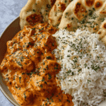 Close-up of creamy butter chicken with white rice and garlic naan garnished with herbs in a beige bowl