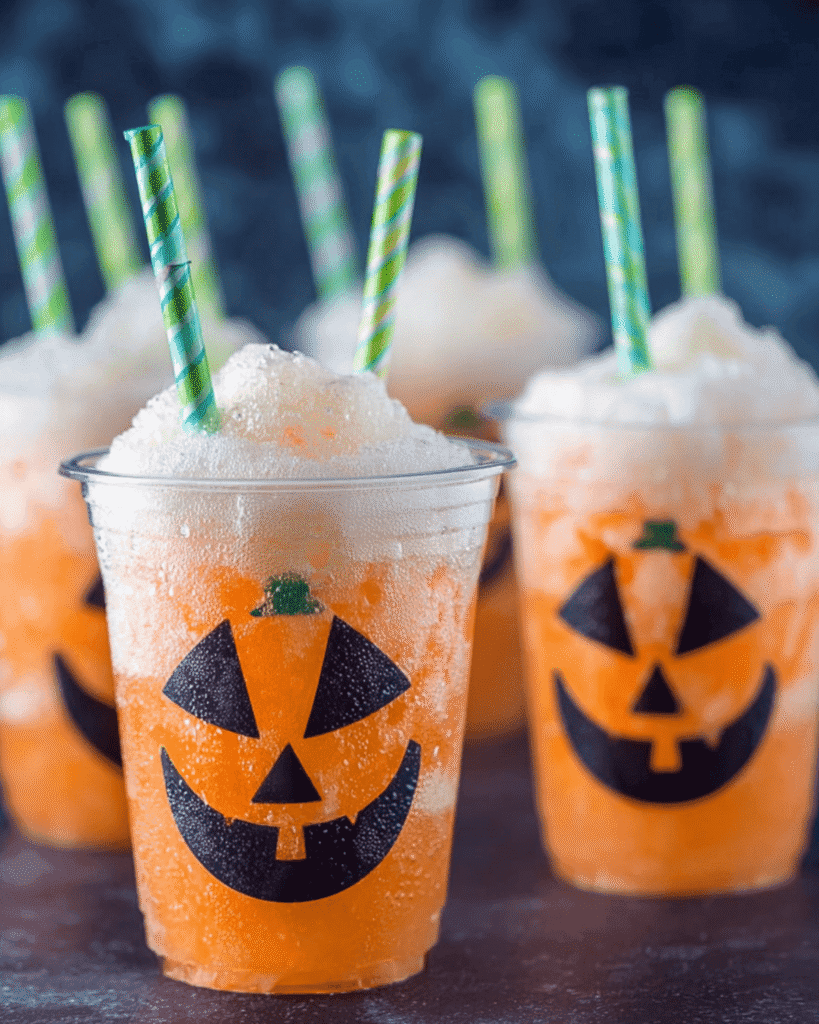 Orange jack-o-lantern Halloween float drinks with soda and ice cream, topped with foam and green striped straws.