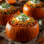 Festive pumpkin chili served in roasted pumpkins with holiday candlelight ambiance