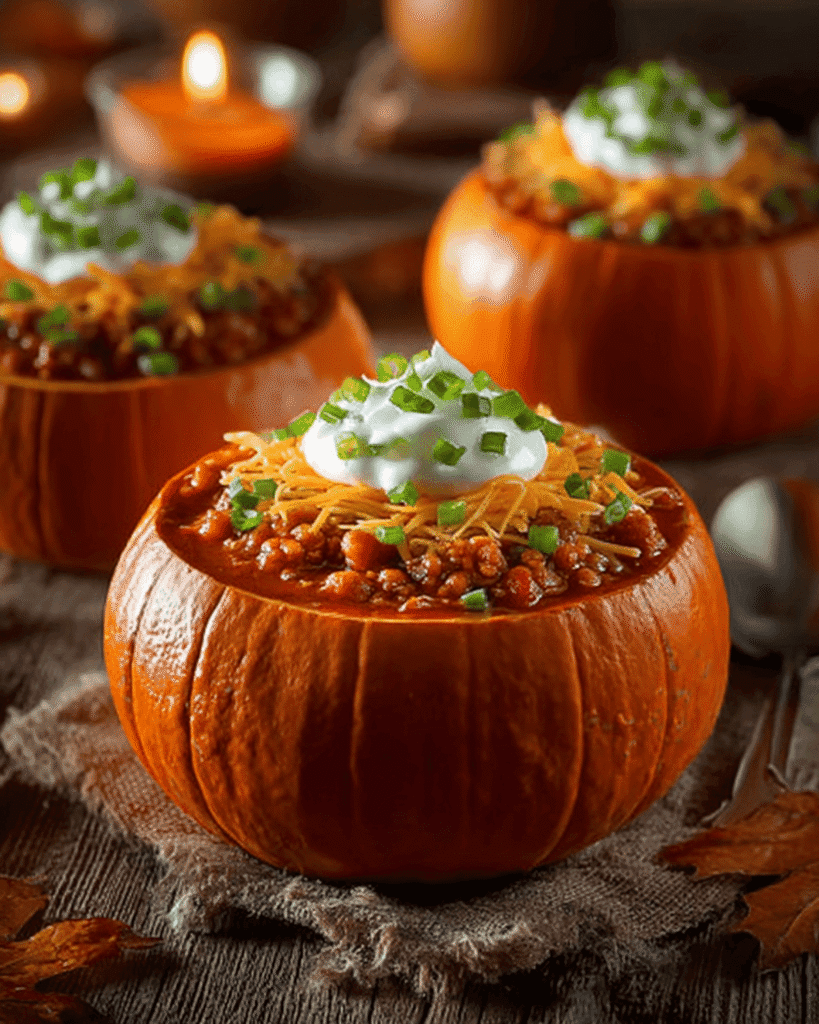 Festive pumpkin chili served in roasted pumpkins with holiday candlelight ambiance