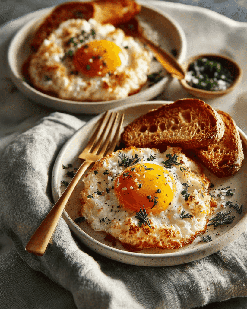 Golden 4-Ingredient Cloud Eggs with crispy toast and fresh herbs, a quick low-carb high-protein breakfast recipe.