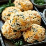 Golden brown breakfast protein biscuits with melted cheddar and fresh herbs on a rustic baking tray.