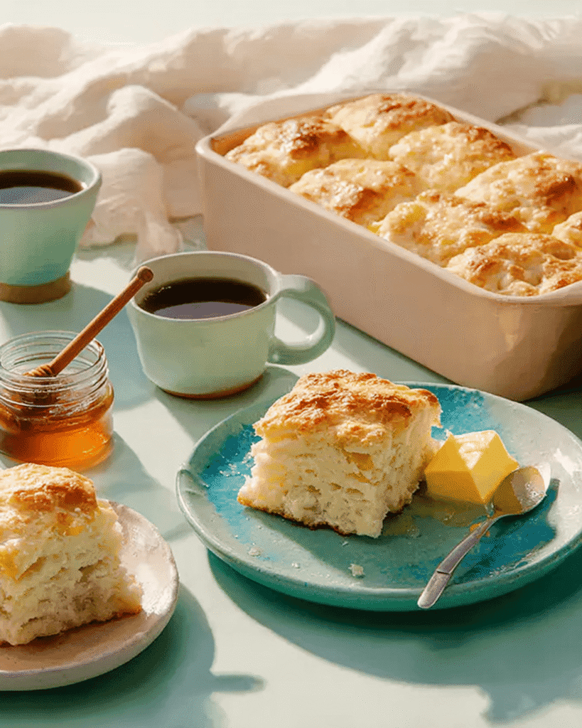 Fluffy butter swim biscuits with butter and honey, served with coffee in a cozy breakfast setting.