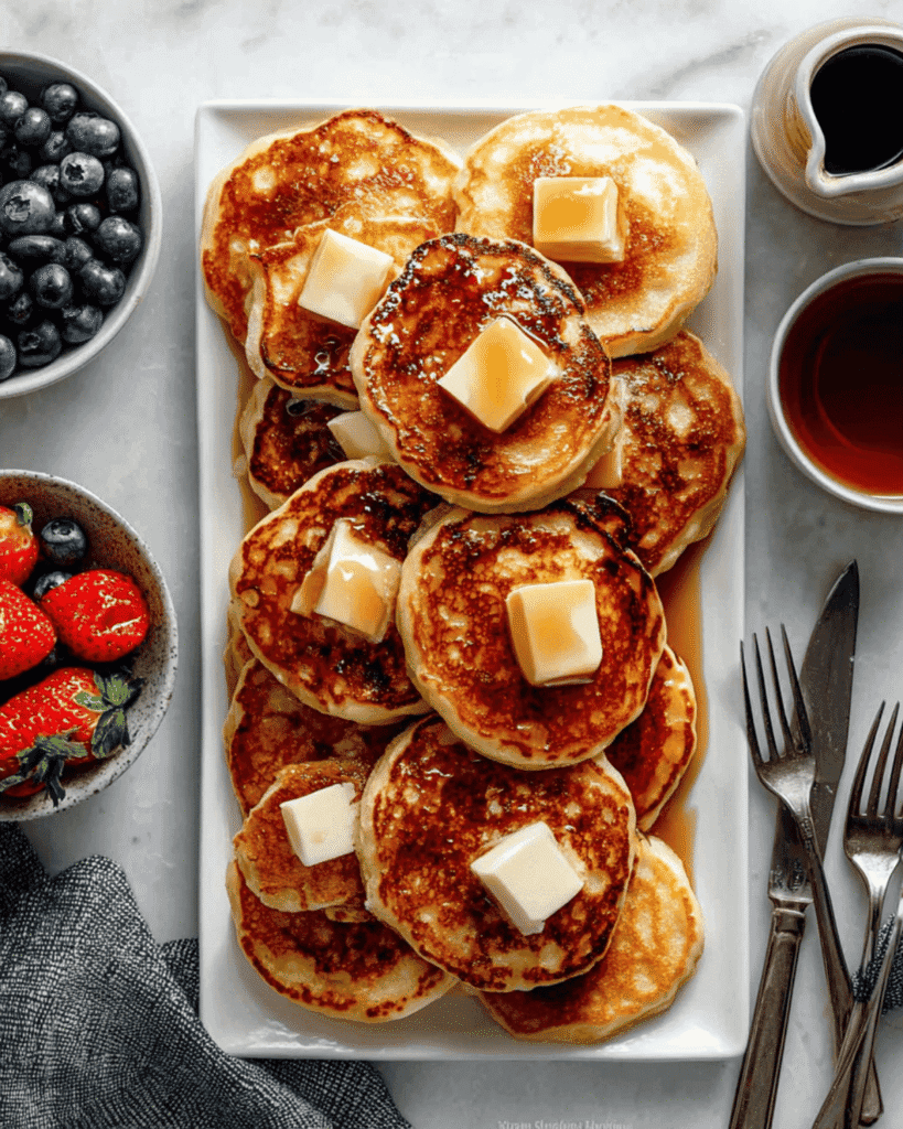 Top view of golden brown fluffy buttermilk pancakes with butter and maple syrup on a white platter, served with fresh strawberries and blueberries