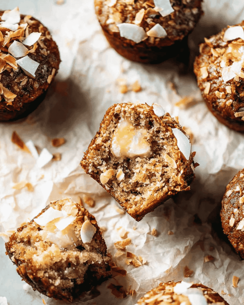 Freshly baked apple muffins topped with toasted coconut flakes, cut open to reveal a moist crumb and melting butter