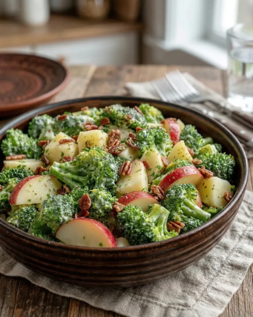 Bowl of broccoli apple salad with pecans and creamy dressing served on a wooden table