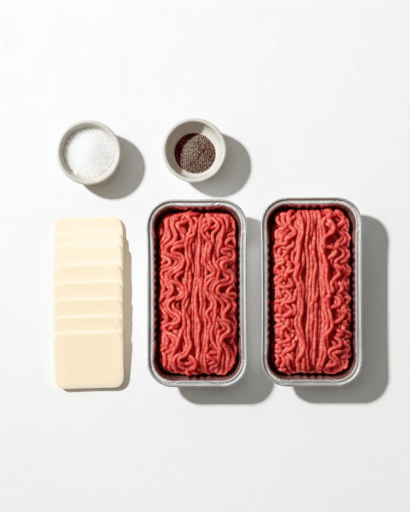 Flat lay of cheeseburger ingredients including ground beef, white cheese slices, salt, and pepper on a white background