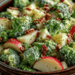 Bowl of Honeycrisp Apple Broccoli Salad topped with pecans and creamy apple cider vinegar dressing