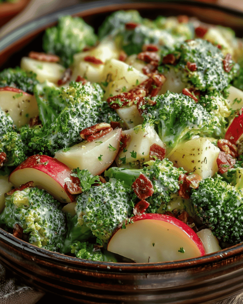 Bowl of Honeycrisp Apple Broccoli Salad topped with pecans and creamy apple cider vinegar dressing