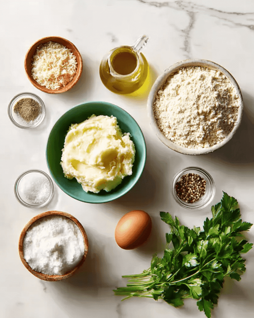 Fresh ingredients for homemade potato croquettes on marble surface