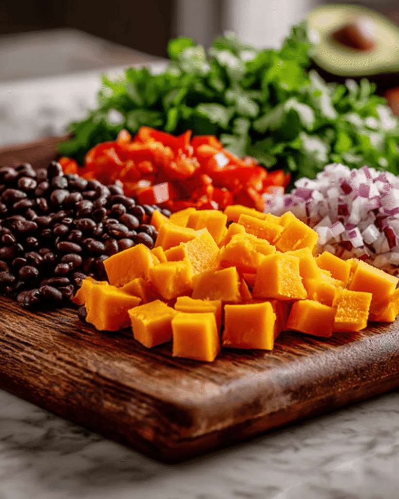 Fresh ingredients for pumpkin chili including diced pumpkin, beans, peppers, onion, and cilantro