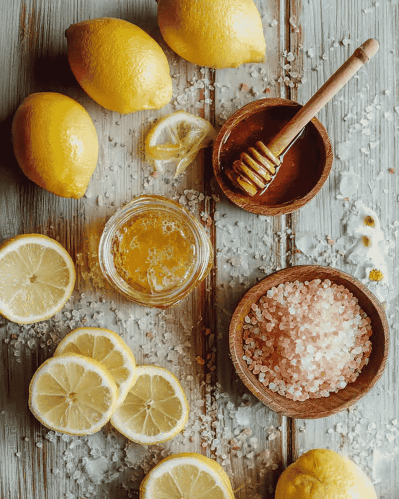 Overhead shot of fresh lemons, raw honey, and pink Himalayan salt crystals on a rustic wooden table for a detox drink.