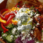Mediterranean chicken pita bowl with roasted red and yellow peppers, cucumber, red onion, creamy tzatziki, and crumbled feta in a warm pita.