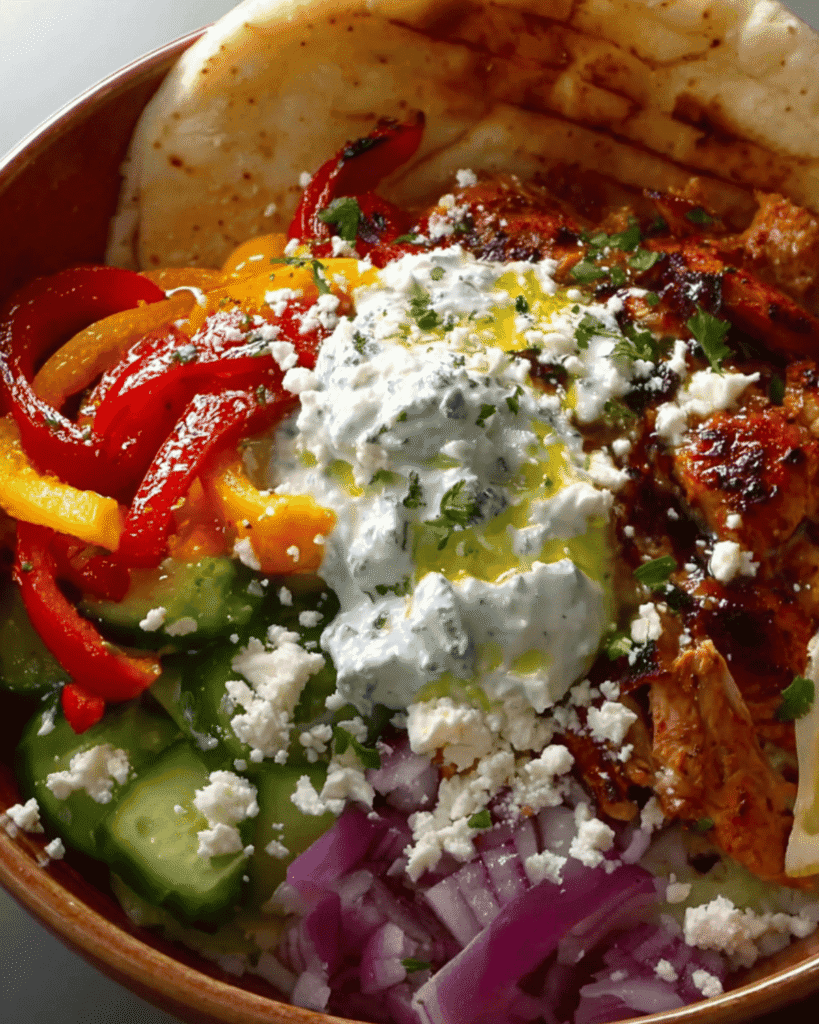 Mediterranean chicken pita bowl with roasted red and yellow peppers, cucumber, red onion, creamy tzatziki, and crumbled feta in a warm pita.