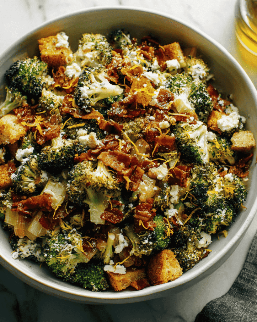 Roasted broccoli salad with crispy beef, golden sourdough croutons, crumbled feta cheese, and lemon zest in a white serving bowl.