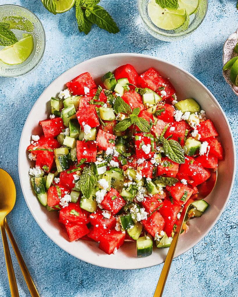 Overhead view of fresh watermelon salad with cucumber, feta, and mint in a white bowl with golden spoon on a blue background