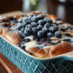 Blueberry buttermilk pancake casserole topped with fresh blueberries and glaze, served in a teal diamond-patterned baking dish