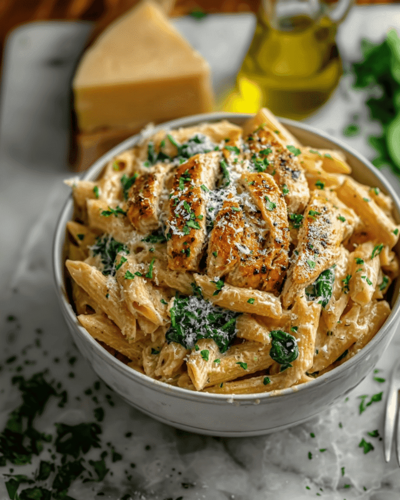 Bowl of creamy garlic parmesan chicken pasta with penne, grilled chicken strips, spinach, and parmesan cheese, served on a marble surface