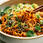 Saucy gochujang noodles with chicken in a ceramic bowl, topped with sesame seeds, cilantro, and sliced scallions.