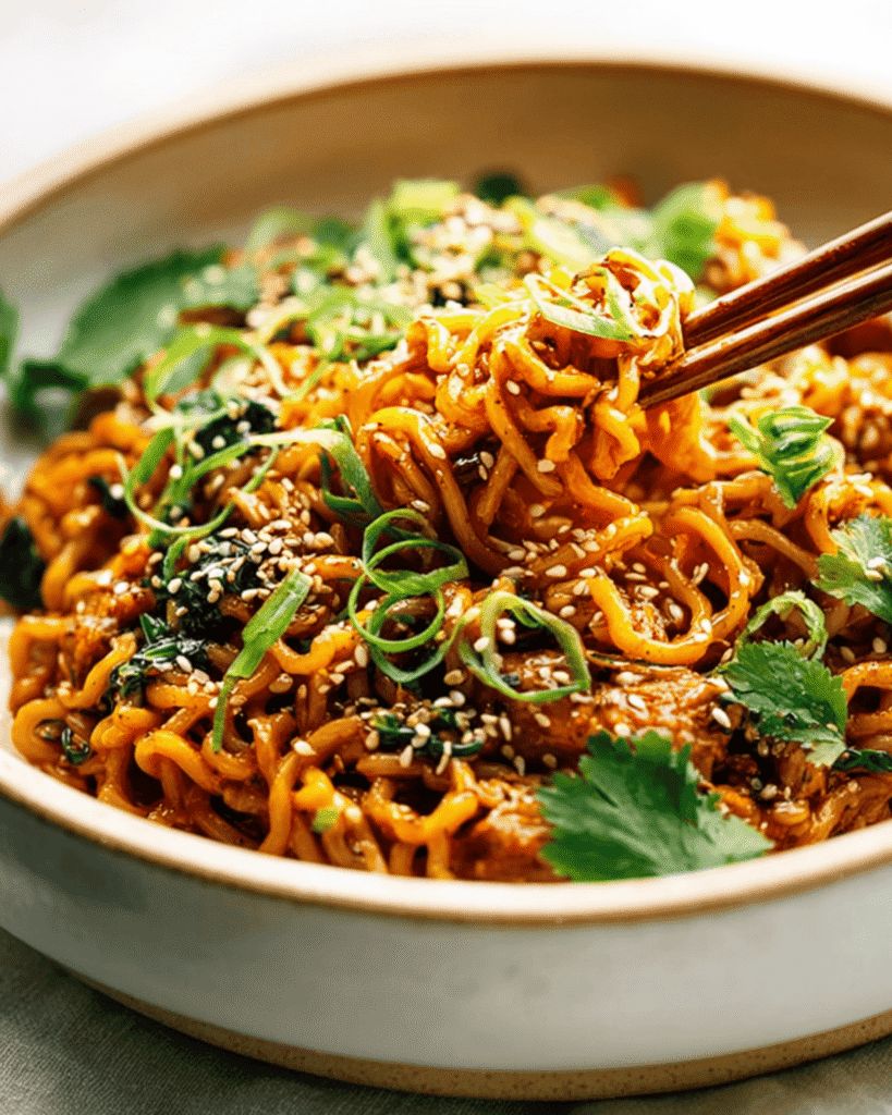Saucy gochujang noodles with chicken in a ceramic bowl, topped with sesame seeds, cilantro, and sliced scallions.