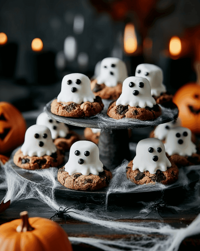 Chocolate chip cookies topped with marshmallow ghost icing, displayed on a dark cake stand with Halloween cobwebs and pumpkins.