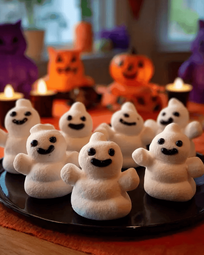 Adorable Ghostbusters Stay Puft marshmallow ghosts on a tray with Halloween pumpkins and candles.