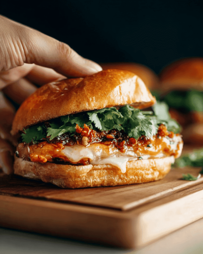 Close-up of a gourmet gochujang chicken burger with melted cheese, kimchi beef jam, and fresh cilantro on a toasted brioche bun.