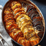 Holiday cheesy root vegetable gratin baked with herbs in a rustic oval dish, ready to serve at the table.