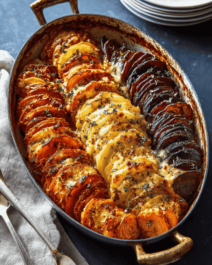 Holiday cheesy root vegetable gratin baked with herbs in a rustic oval dish, ready to serve at the table.