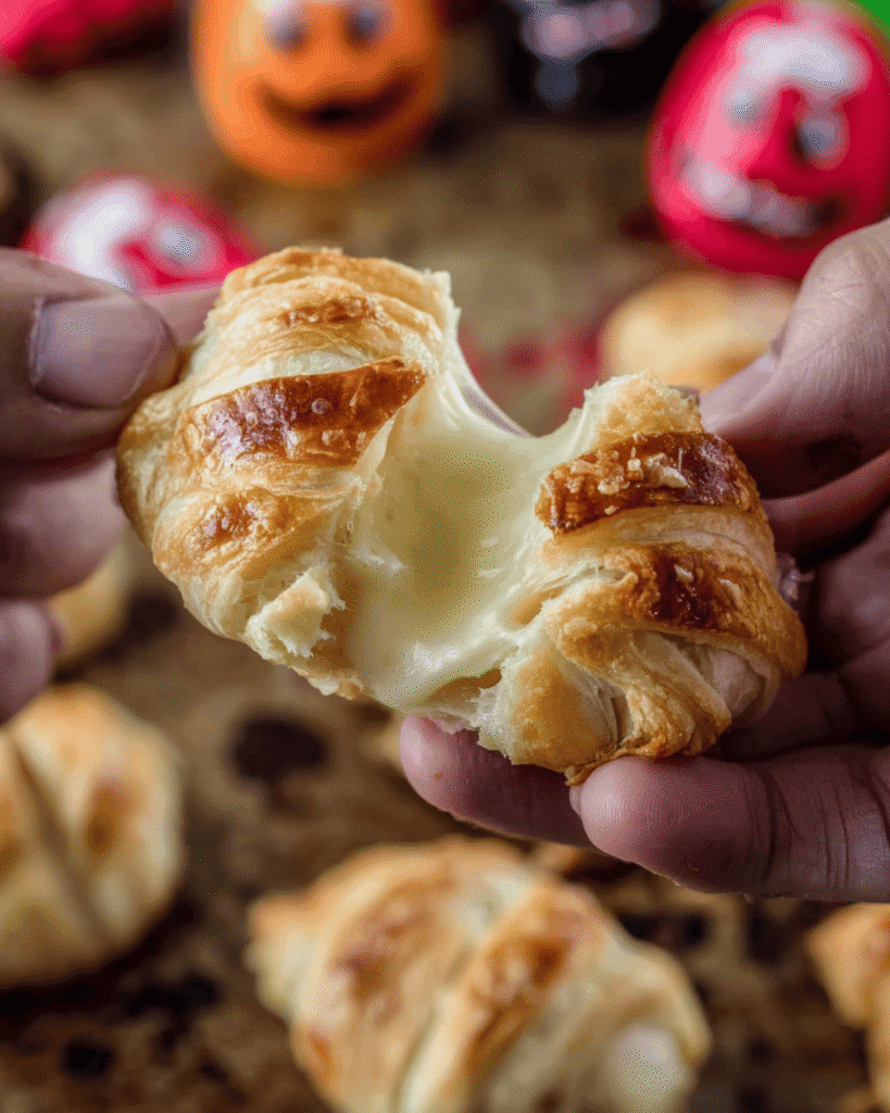 Close-up of hands pulling apart a baked cheese mummy snack with gooey melted cheese inside flaky puff pastry.