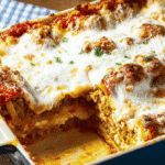 Cheesy World’s Best Lasagna with parsley topping in casserole dish
