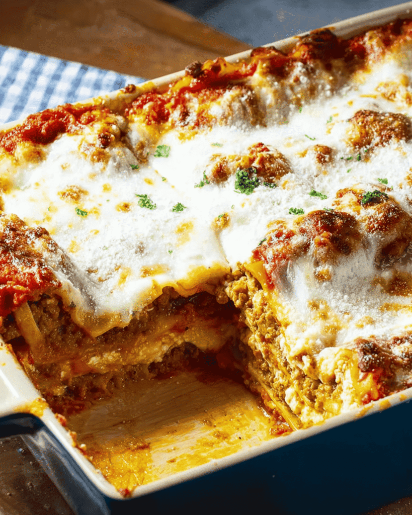 Cheesy World’s Best Lasagna with parsley topping in casserole dish
