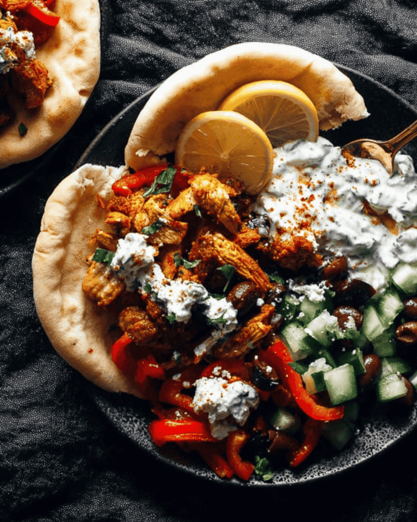 Greek-style chicken pitas with roasted red peppers, cucumber salad, kalamata olives, creamy tzatziki, and lemon slices on a dark plate.
