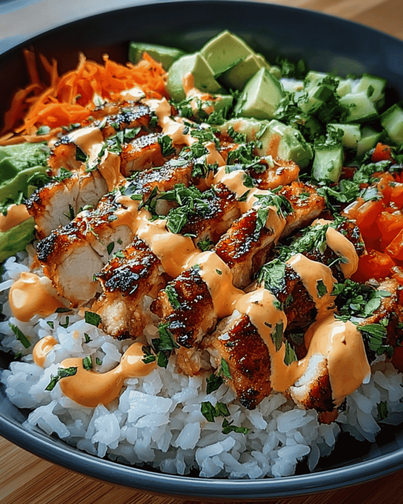 Sliced grilled Bang Bang chicken over white rice, topped with creamy spicy mayo and garnished with avocado, cucumber, shredded carrots, and red peppers.