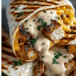Grilled cheesy garlic chicken wrap topped with creamy garlic sauce and fresh parsley.