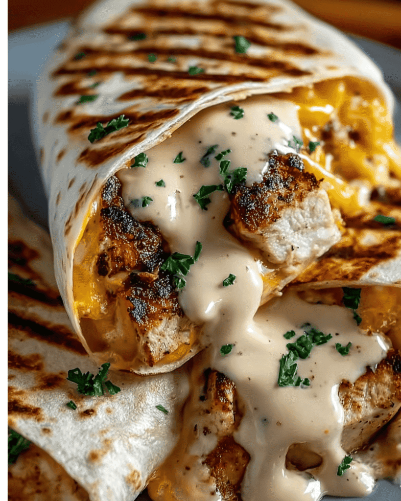 Grilled cheesy garlic chicken wrap topped with creamy garlic sauce and fresh parsley.