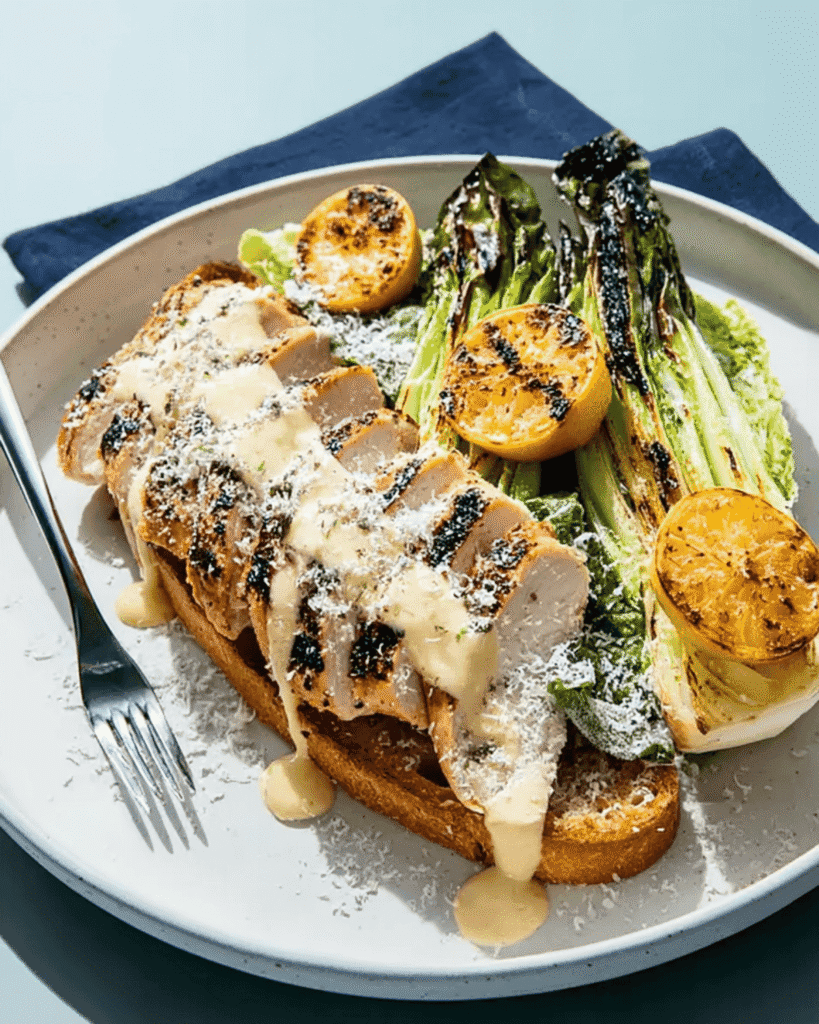 Grilled chicken Caesar salad with charred romaine, grilled lemon halves, creamy dressing, and Parmesan on toasted bread