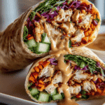 Thai Peanut Chicken Wrap with grilled chicken, cucumbers, carrots, and peanut sauce on white plate