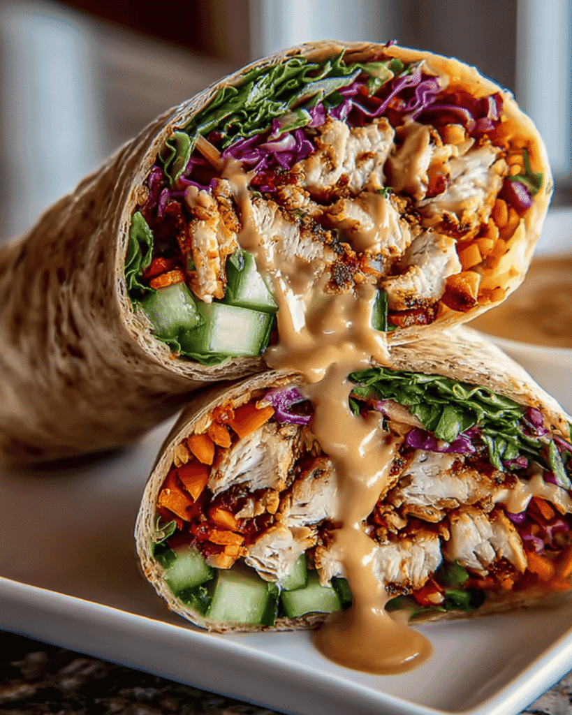 Thai Peanut Chicken Wrap with grilled chicken, cucumbers, carrots, and peanut sauce on white plate