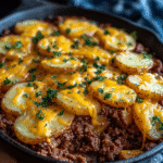Ground beef and potato skillet topped with melted cheddar cheese and parsley, served hot in a cast iron pan.
